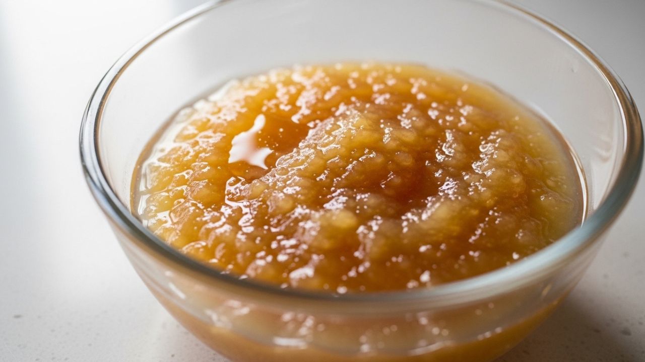 Powdered gelatin hydrated in water showing a thick, applesauce-like texture.