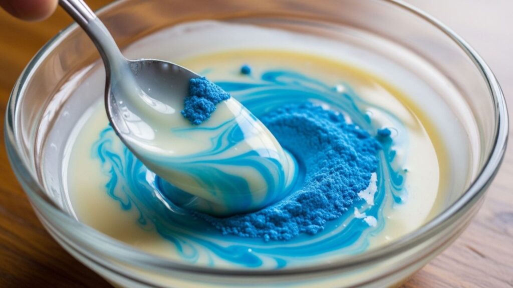 Stirring blue drink mix powder into thick white sweetened condensed milk in a glass bowl.