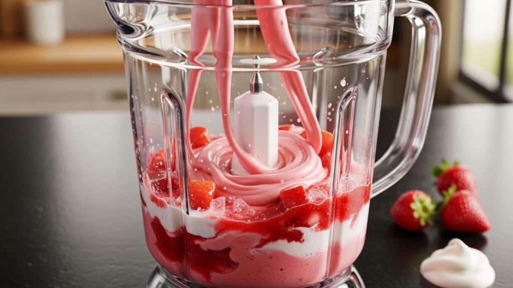 Thick, creamy strawberry mixture being poured into a glass with strawberry sauce swirls.