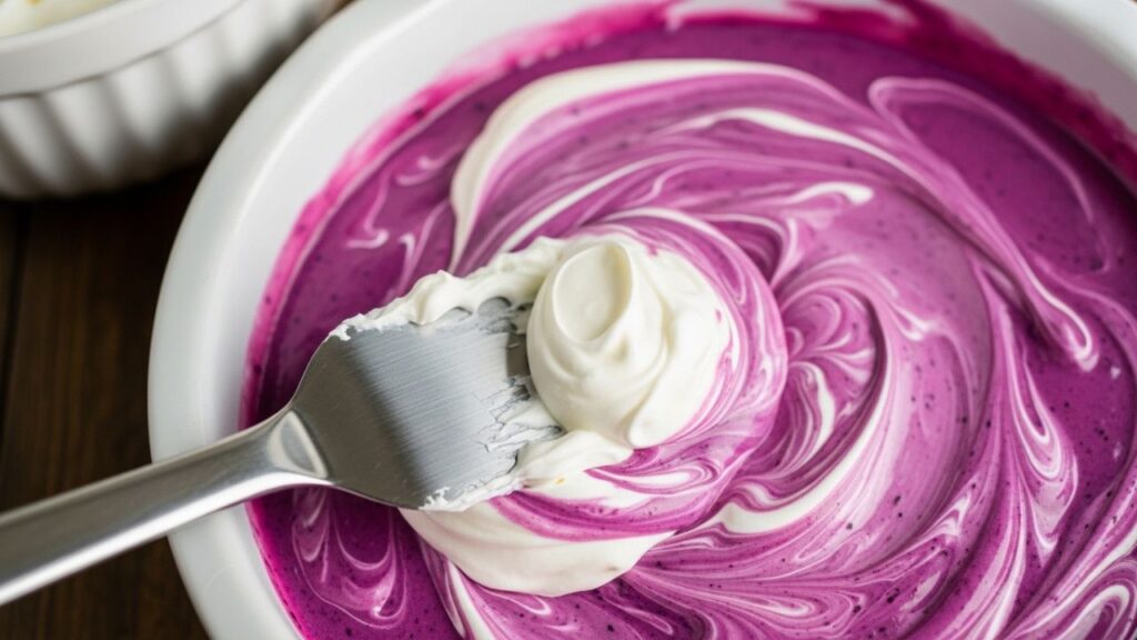 Using a spatula to gently fold whipped topping into a purple pie filling.