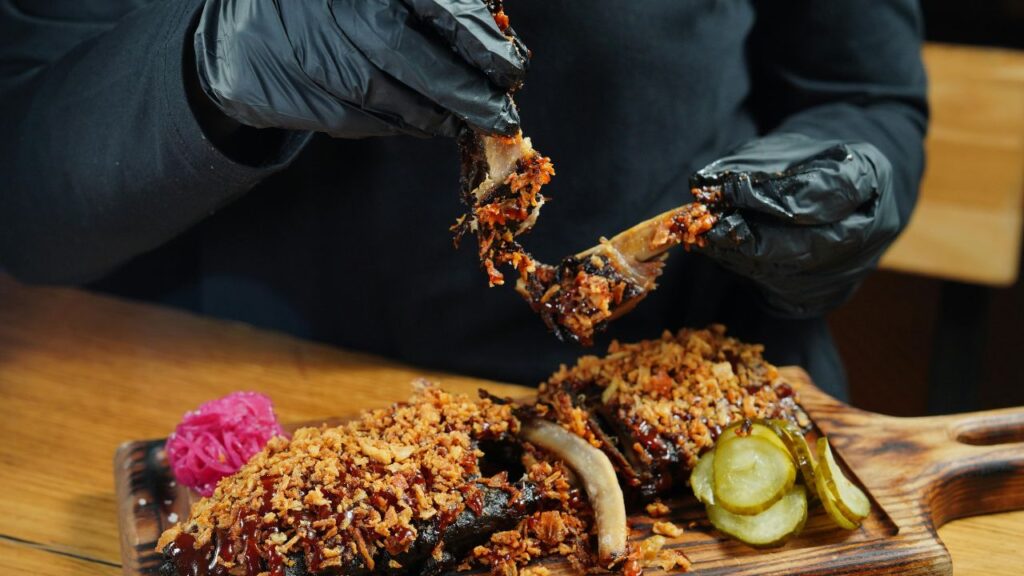 Tender smoked rib tips with crispy barbecue bark